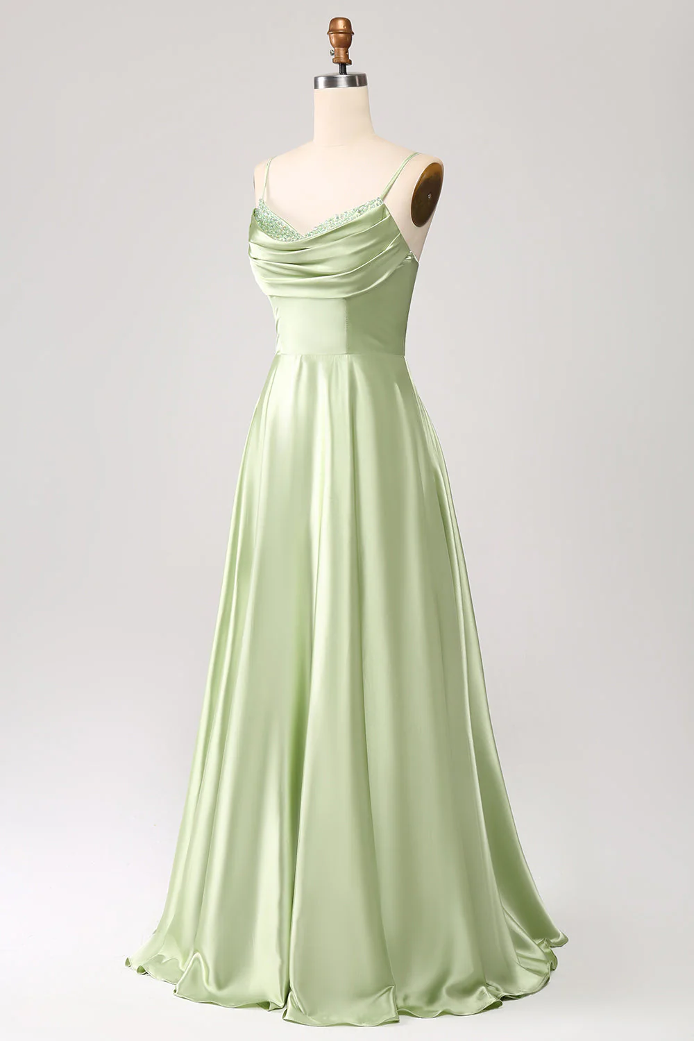 Robe de bal longue en satin vert sauge à col bénitier et jupe plissée - Image 3
