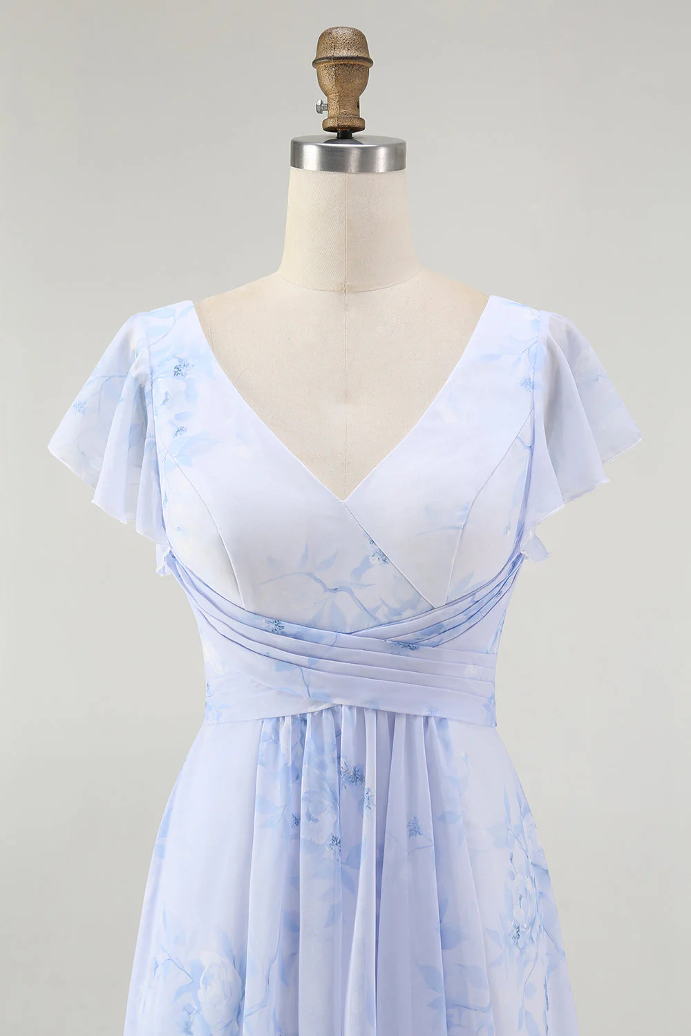 Bleu Floral Une ligne Col en V Mousseline de soie Longue Robe de demoiselle d’honneur avec fente - Image 4