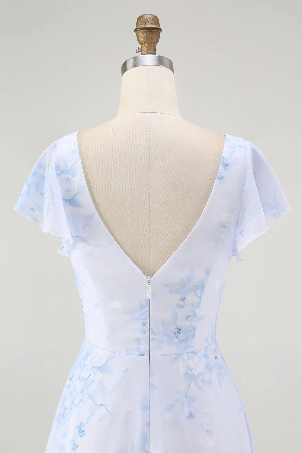 Bleu Floral Une ligne Col en V Mousseline de soie Longue Robe de demoiselle d’honneur avec fente - Image 5