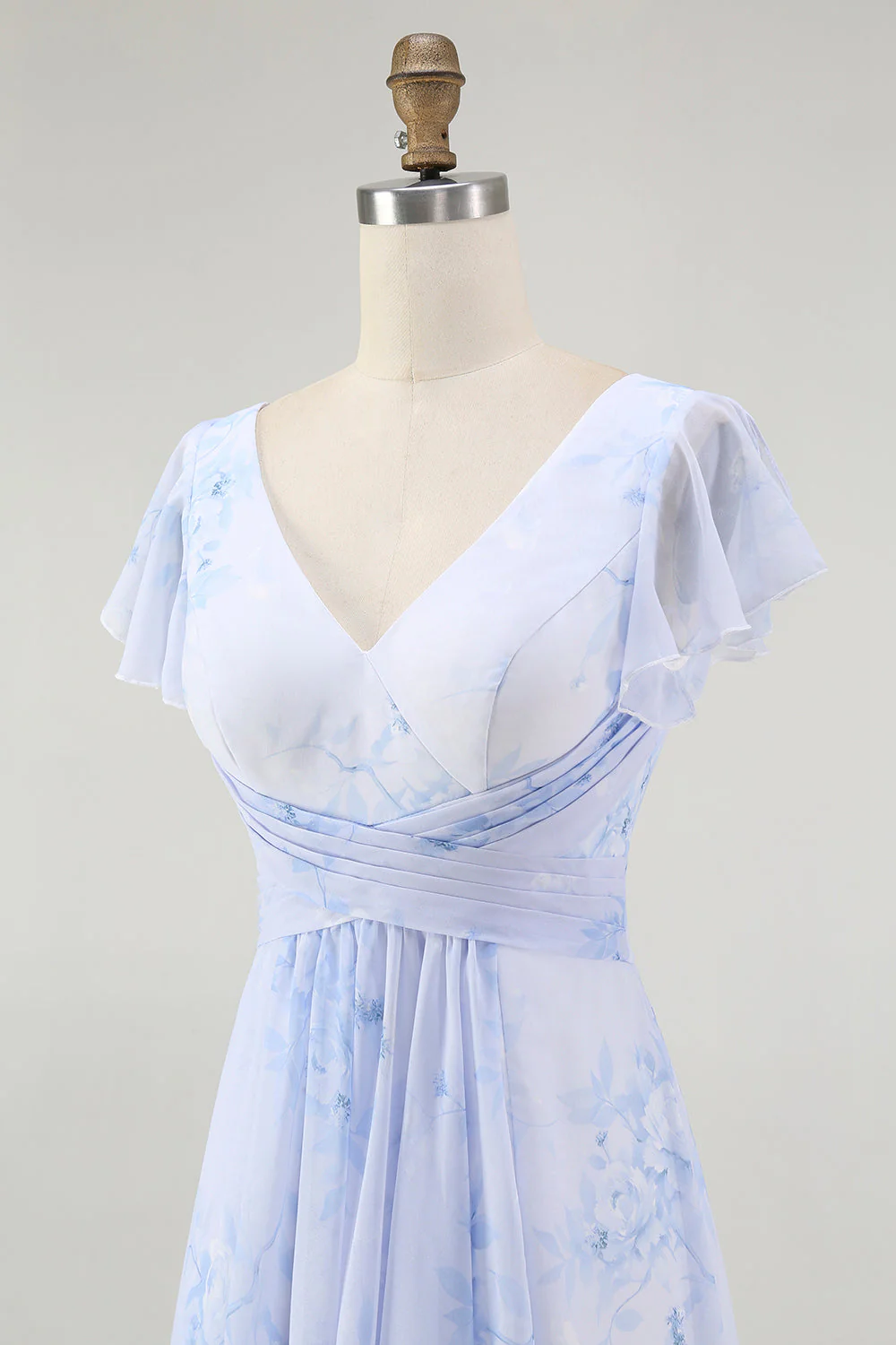 Bleu Floral Une ligne Col en V Mousseline de soie Longue Robe de demoiselle d’honneur avec fente - Image 6