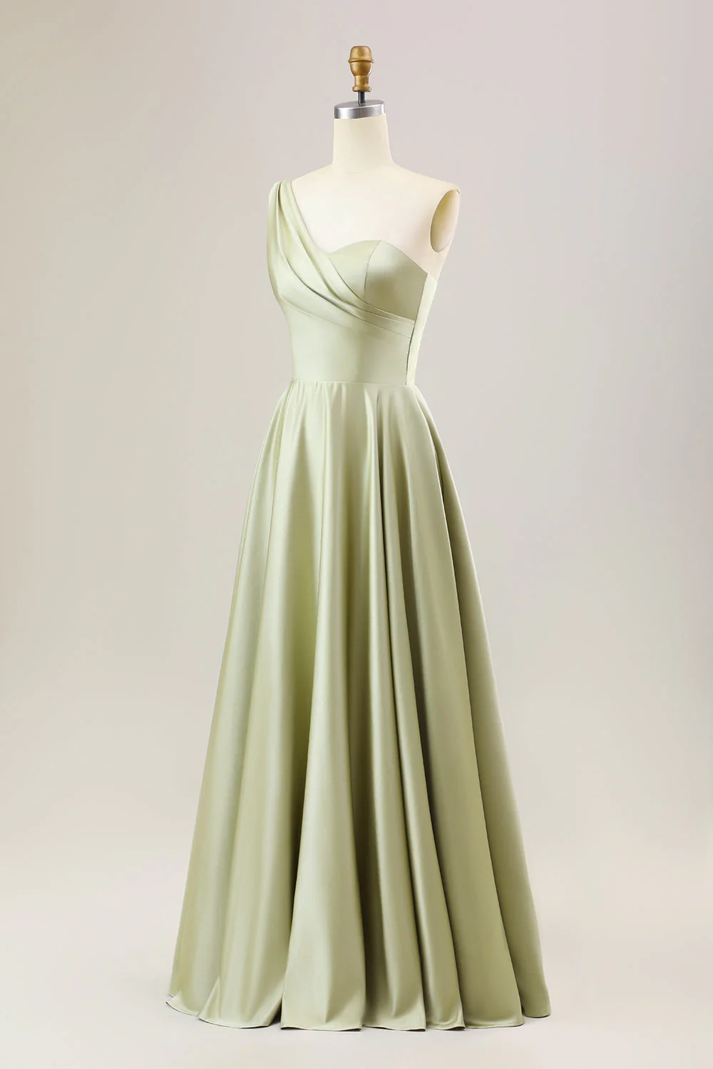 Robe de demoiselle d’honneur vert satin à une épaule avec poches - Image 9