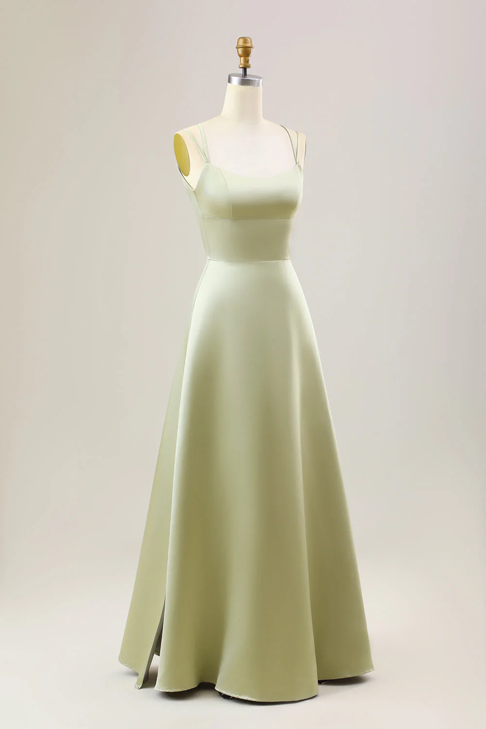 Dusty Sage A Line Spaghetti Straps Longue Robe de demoiselle d’honneur en satin - Image 3