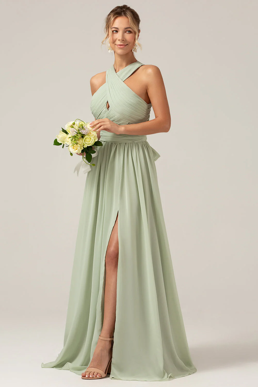 Robe de demoiselle d'honneur longue en mousseline de soie sauge poussiéreuse style bohème avec dos boutonné - Image 5