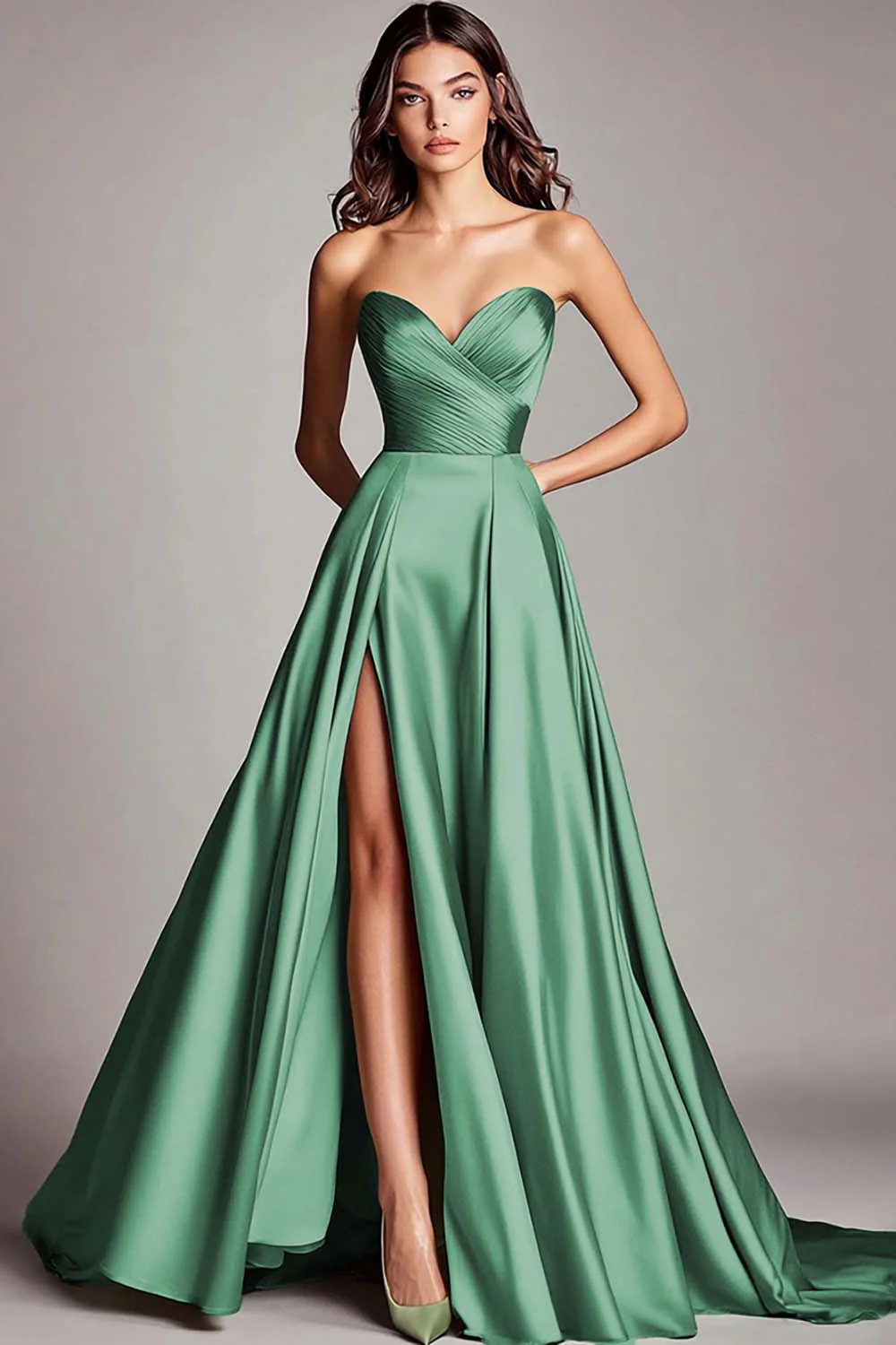 Dusty Sage Bustless Une ligne froncée Robe de bal longue en satin avec fente - Image 11