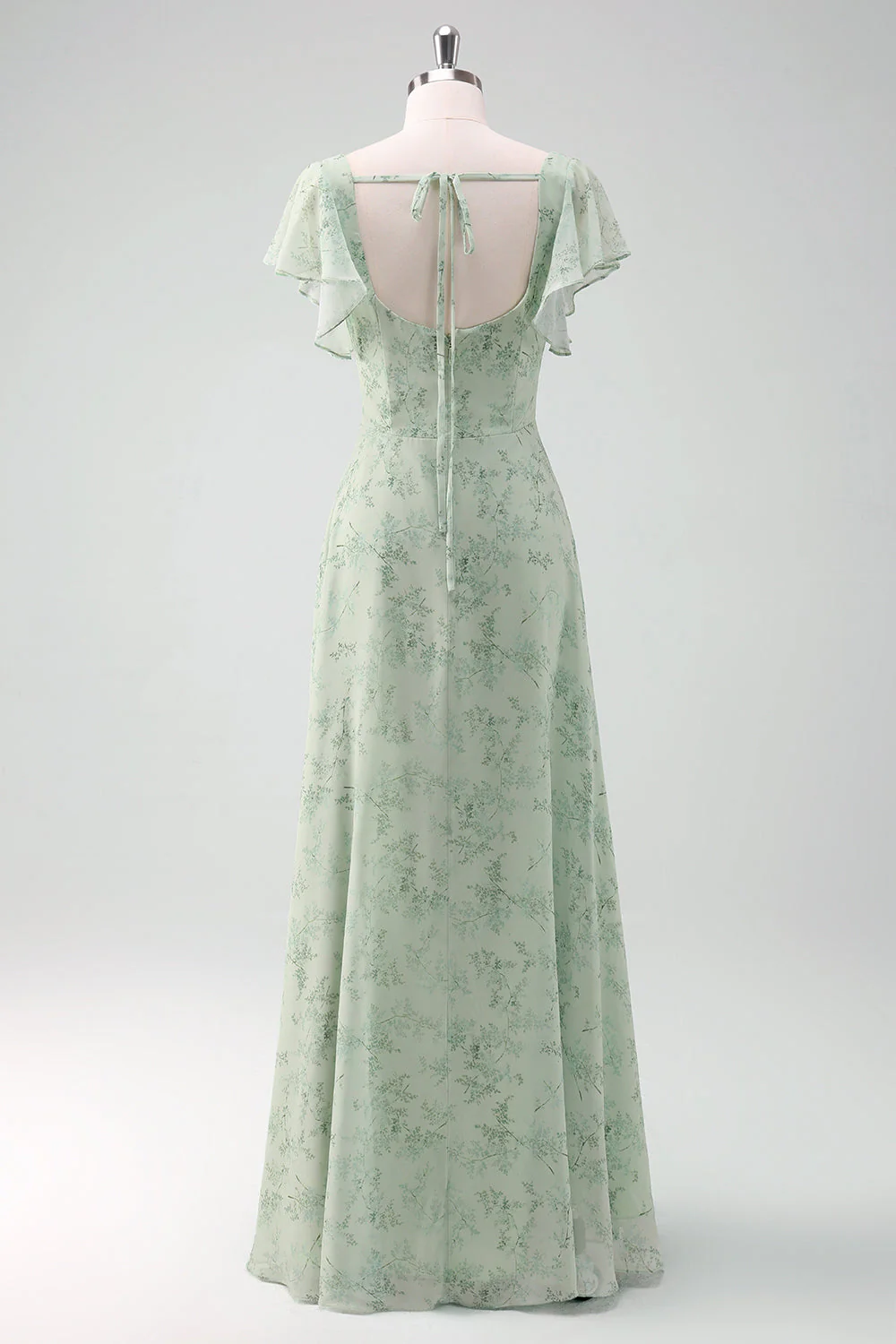 Robe de demoiselle d'honneur longue imprimé floral vert sauge ligne A avec fente - Image 4