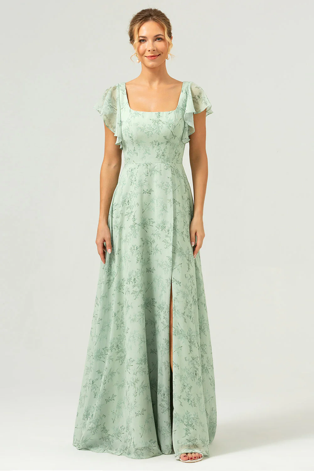 Robe longue de demoiselle d'honneur imprimée fleurs col carré fente latérale couleur sage poussiéreux - Image 6
