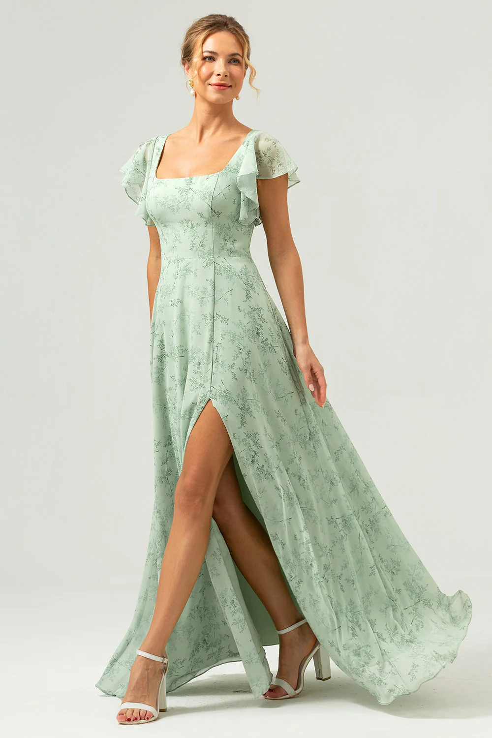 Robe longue de demoiselle d'honneur imprimée fleurs col carré fente latérale couleur sage poussiéreux - Image 7
