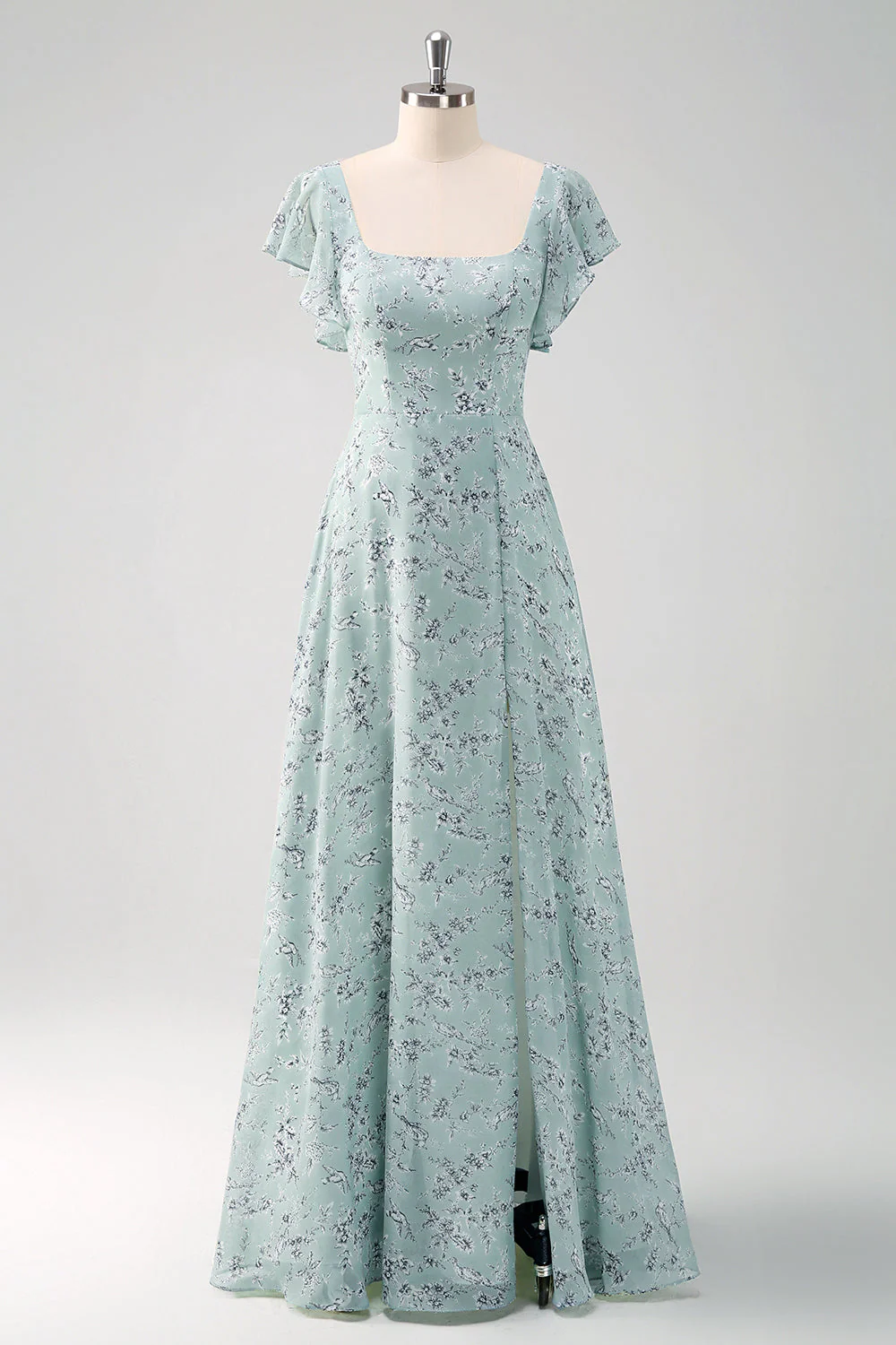 Robe de demoiselle d'honneur longue imprimé floral vert sauge ligne A avec fente - Image 20