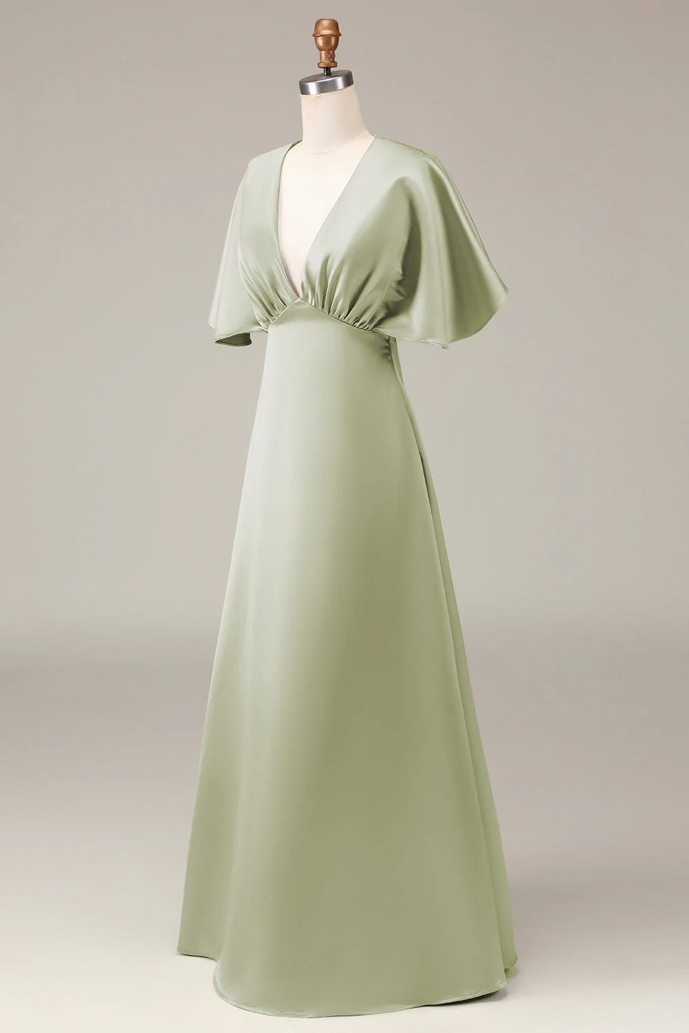 Dusty Sage Col en V Manches courtes A-ligne Satin Robe de demoiselle d’honneur - Image 3