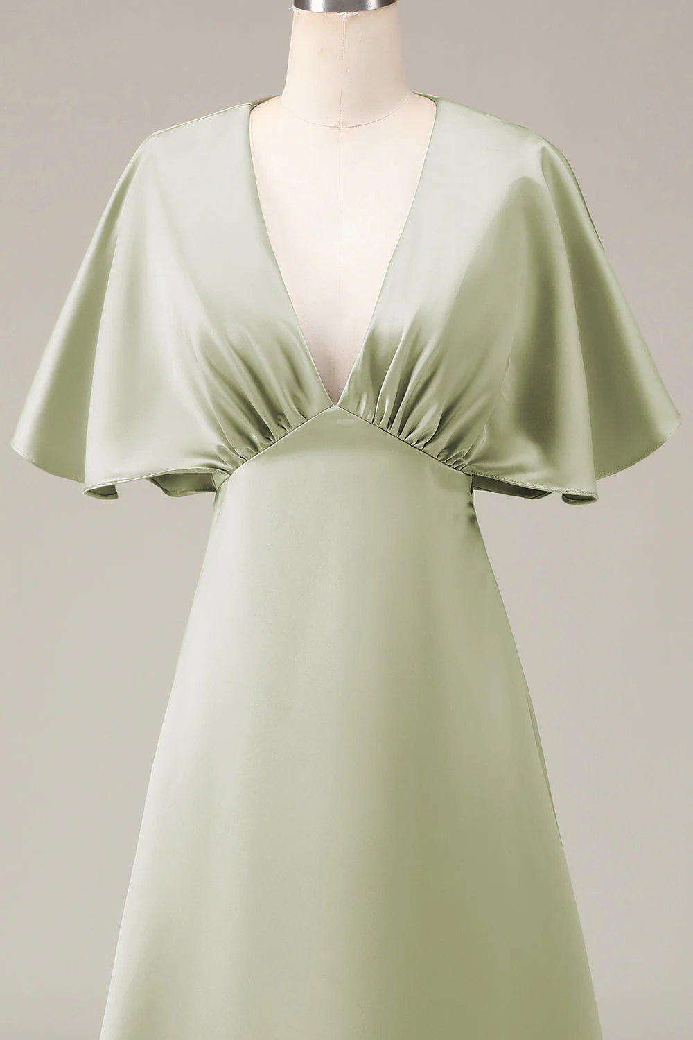 Dusty Sage Col en V Manches courtes A-ligne Satin Robe de demoiselle d’honneur - Image 4