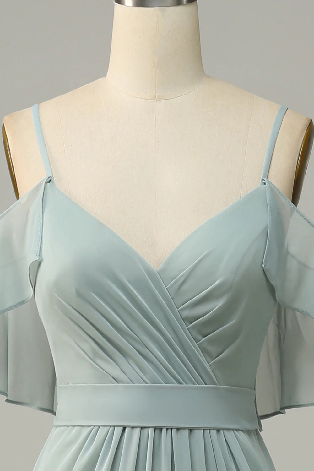 Dusty Sage Cold Shoulder A Line Long Bridesmaid Dress - Image 4