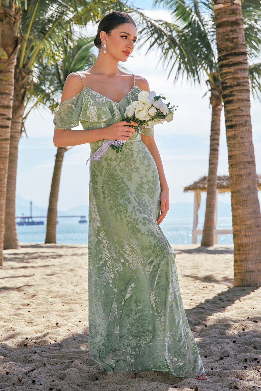 Dusty Sage Cold Shoulder Velvet Imprimé Robe de demoiselle d’honneur avec fente - Image 5