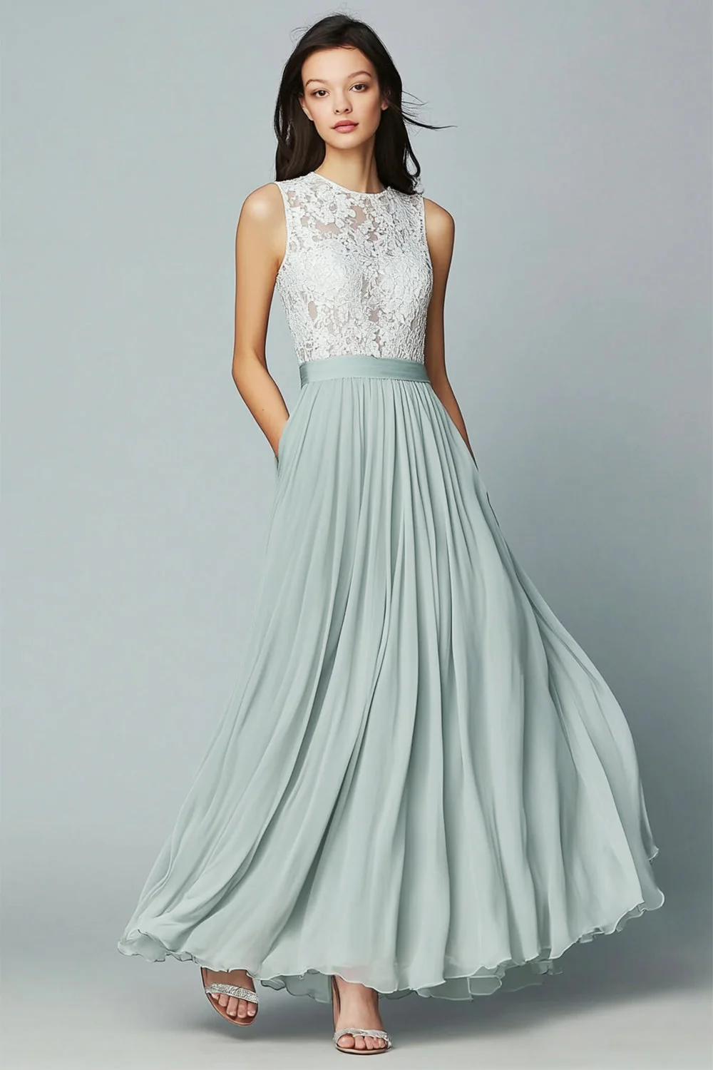 Robe de demoiselle d'honneur ligne A en mousseline de soie et dentelle vert sauge