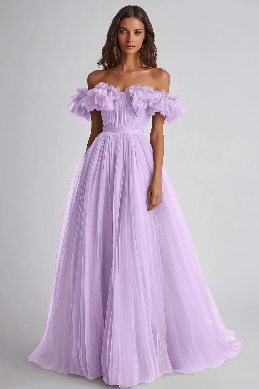 Robe formelle trapèze épaule dénudée à volants couleur sage poussiéreux - Image 10