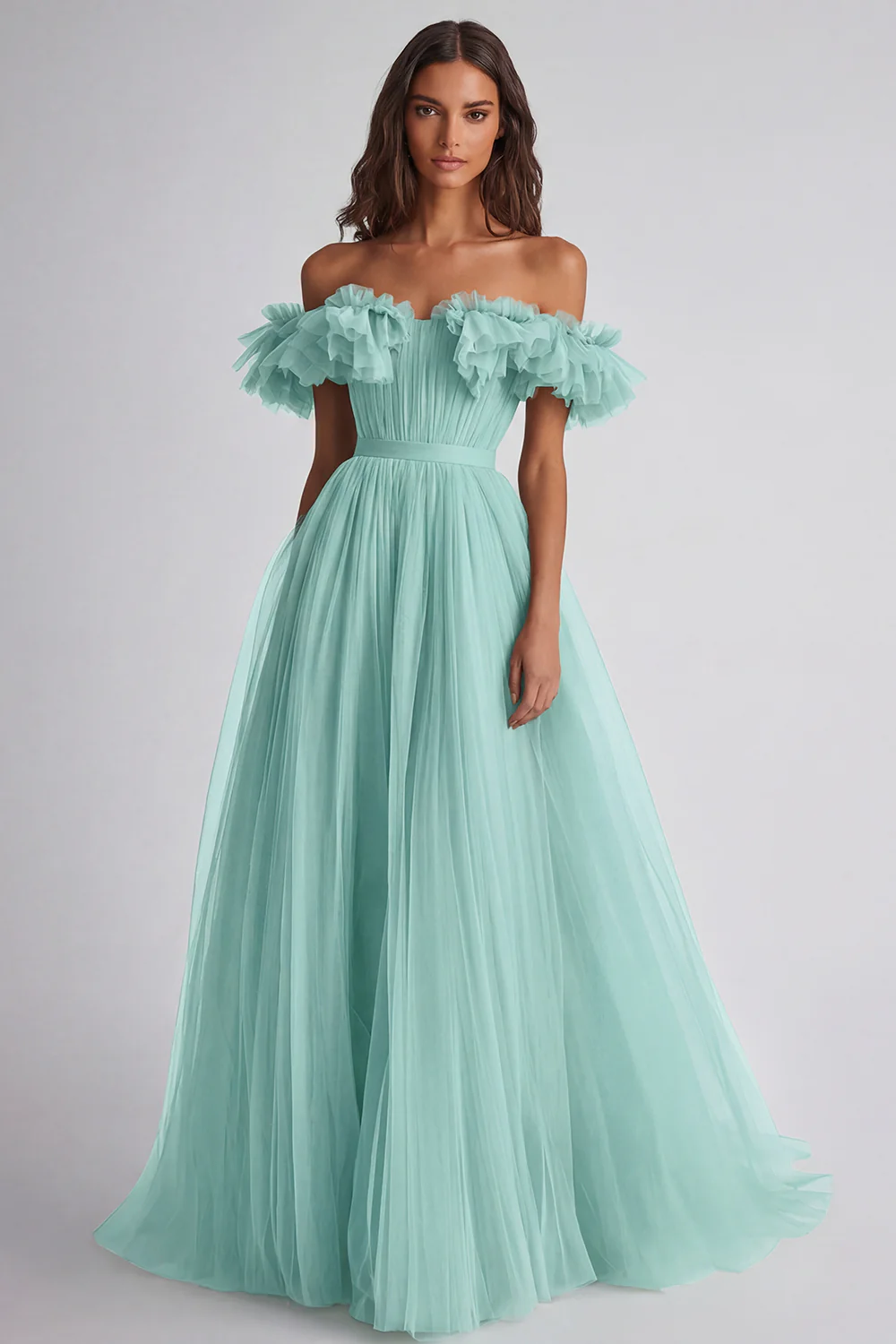 Robe formelle trapèze épaule dénudée à volants couleur sage poussiéreux - Image 11