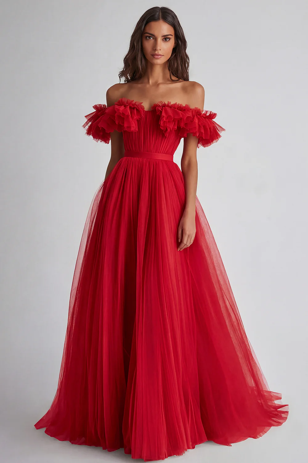 Robe formelle trapèze épaule dénudée à volants couleur sage poussiéreux - Image 12