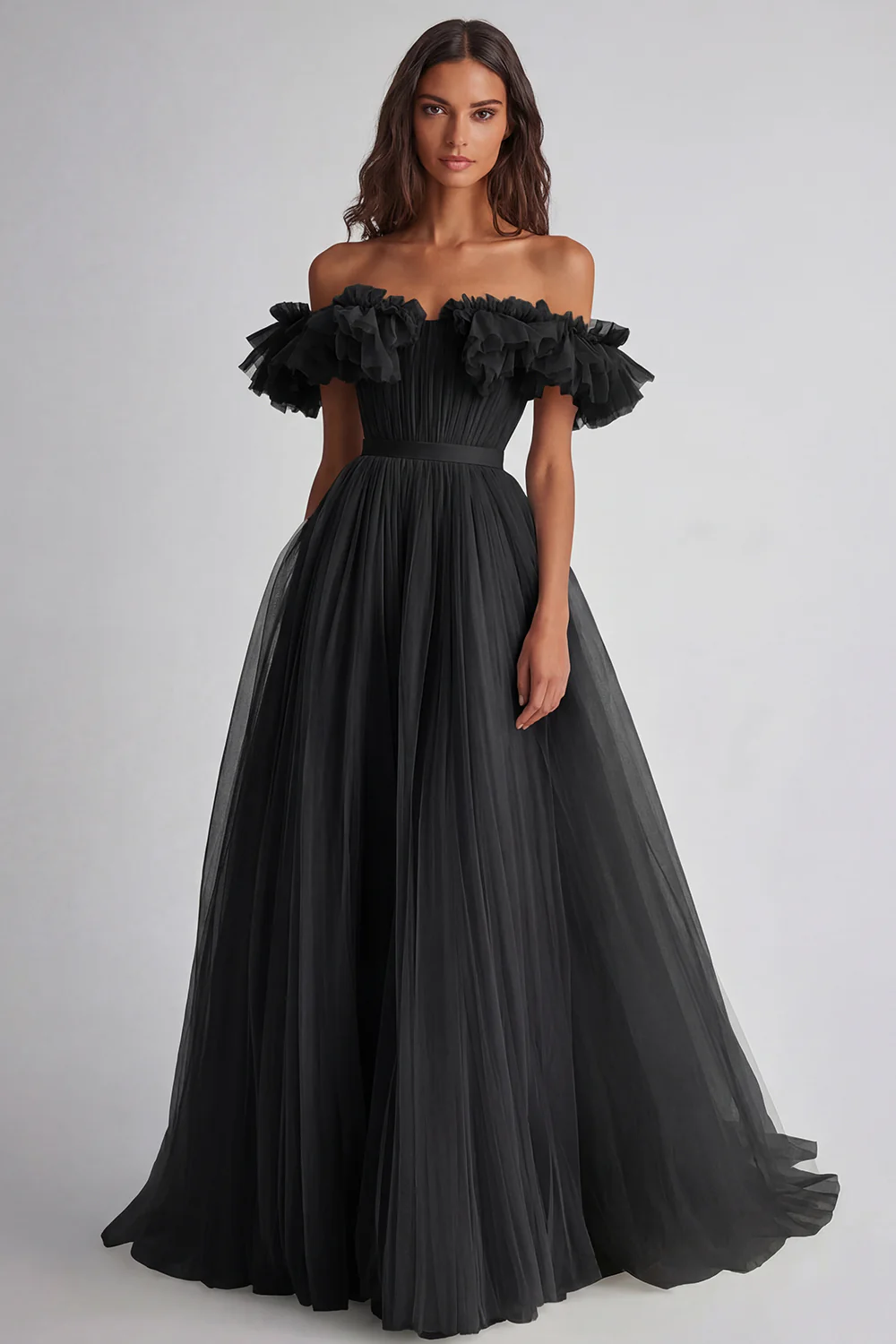 Robe formelle trapèze épaule dénudée à volants couleur sage poussiéreux - Image 4
