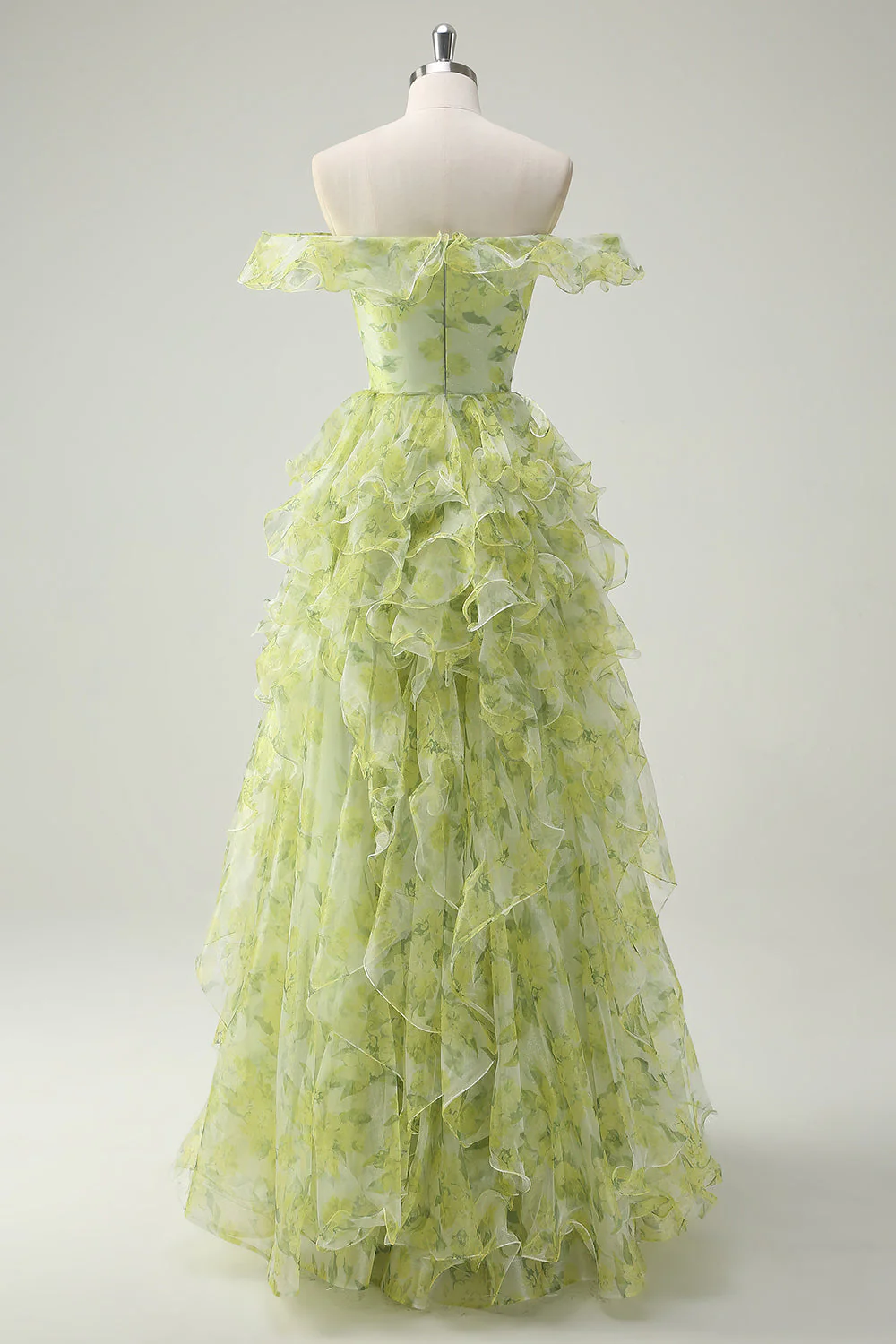 Robe de bal longue couleur sage poussiéreux à col carré et volants ligne A - Image 2