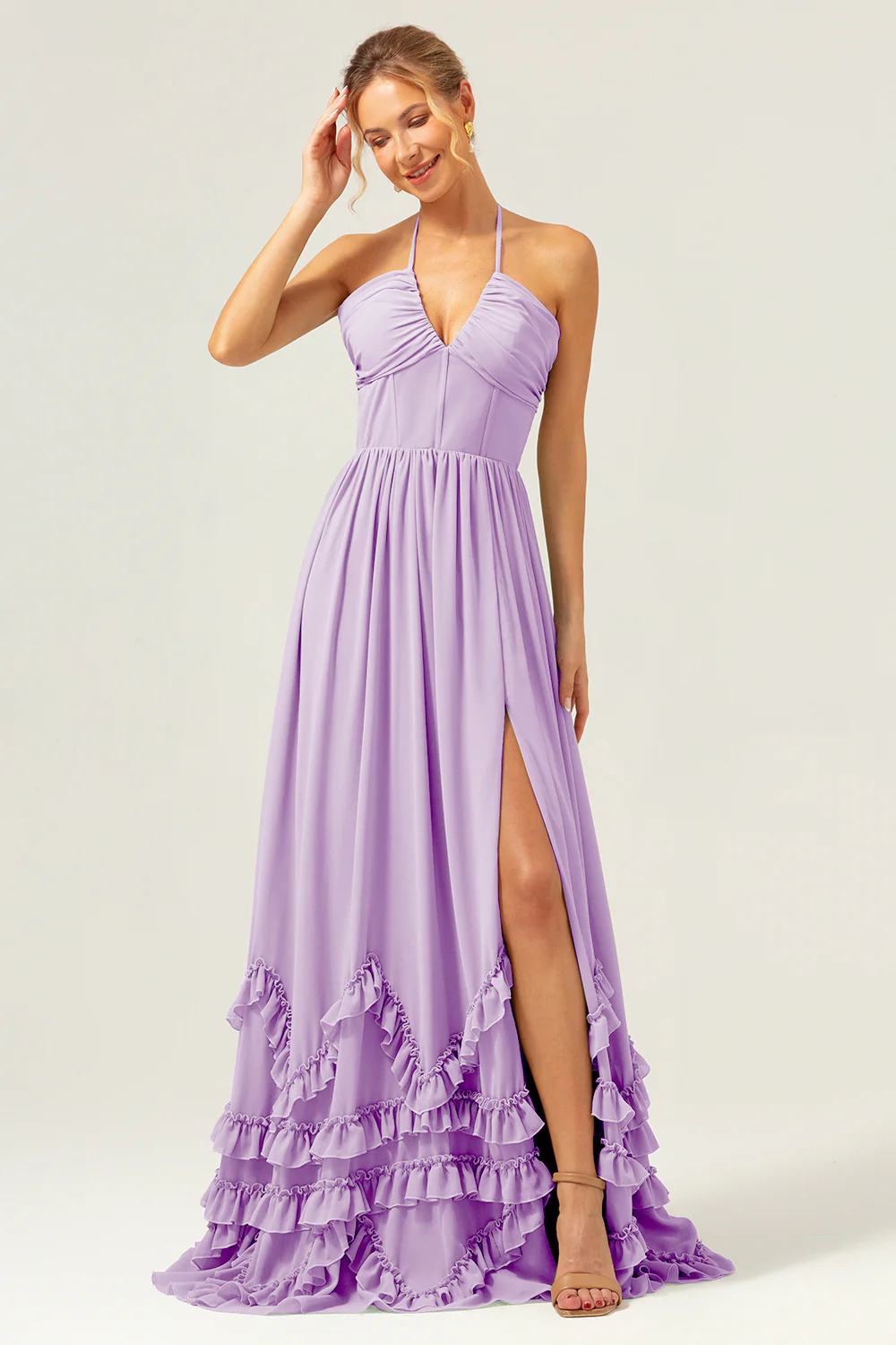 Dusty Sage Halter Corset Longue Robe de Demoiselle d’Honneur à Volants Avec Fente - Image 16