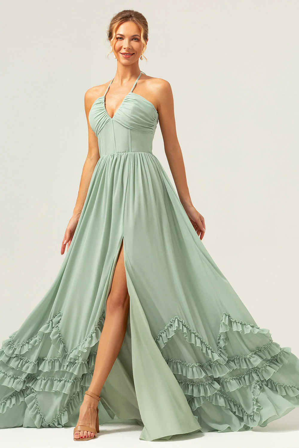 Dusty Sage Halter Corset Longue Robe de Demoiselle d’Honneur à Volants Avec Fente - Image 3