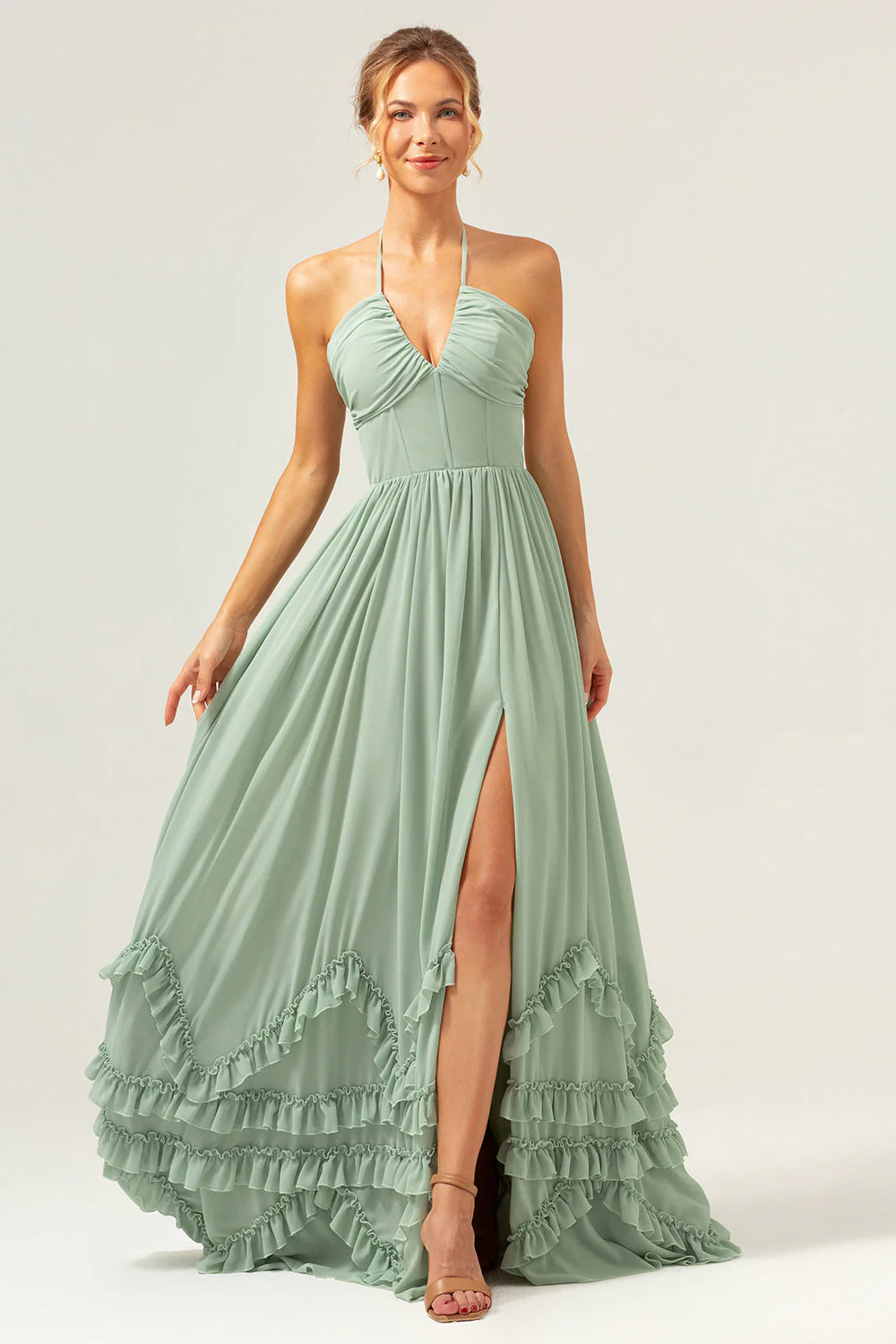 Dusty Sage Halter Corset Longue Robe de Demoiselle d’Honneur à Volants Avec Fente - Image 4