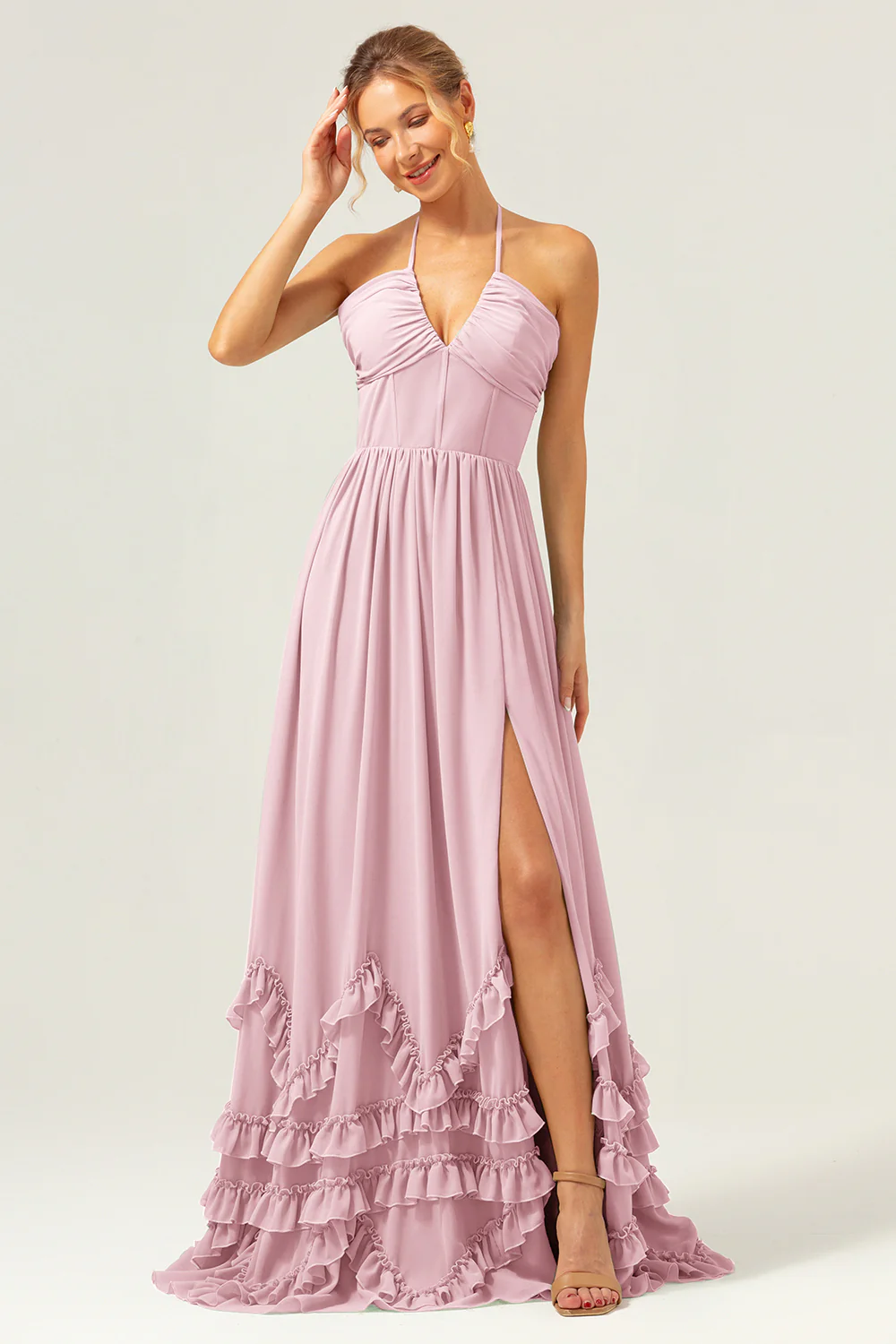 Dusty Sage Halter Corset Longue Robe de Demoiselle d’Honneur à Volants Avec Fente - Image 9