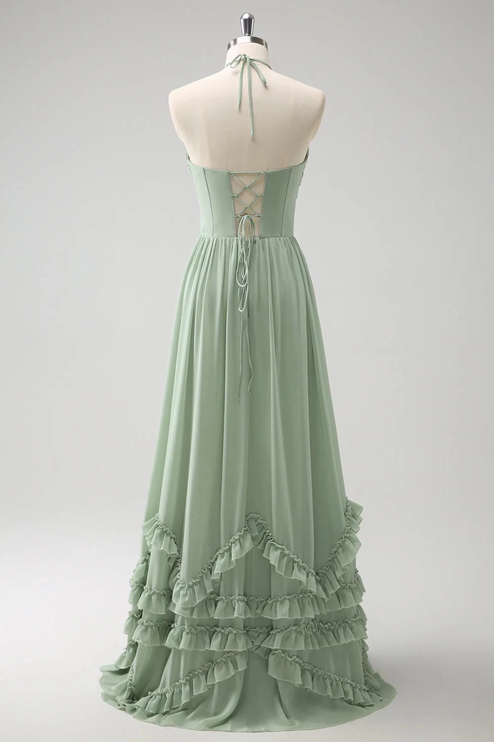 Dusty Sage Halter Robe de demoiselle d’honneur à volants avec fente - Image 2