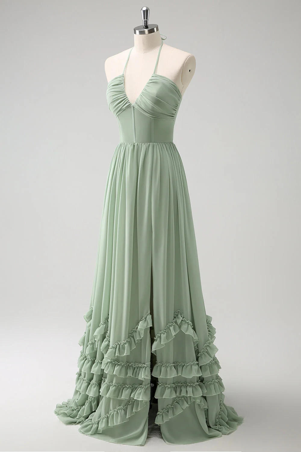 Dusty Sage Halter Robe de demoiselle d’honneur à volants avec fente - Image 3