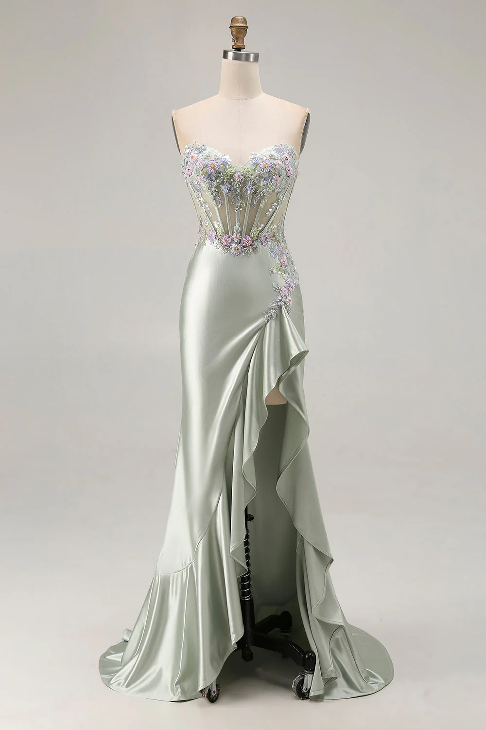 Robe de soirée sirène longue vert sauge corset à cœur appliquée à sequins avec fente à volants