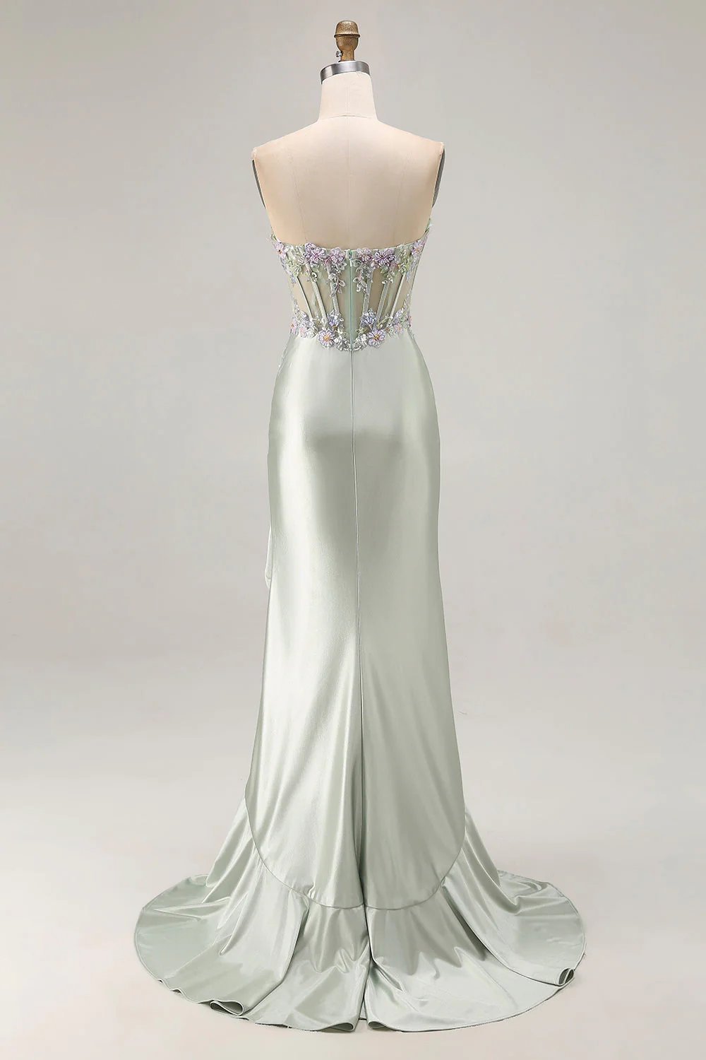 Robe de soirée sirène longue vert sauge corset à cœur appliquée à sequins avec fente à volants - Image 2