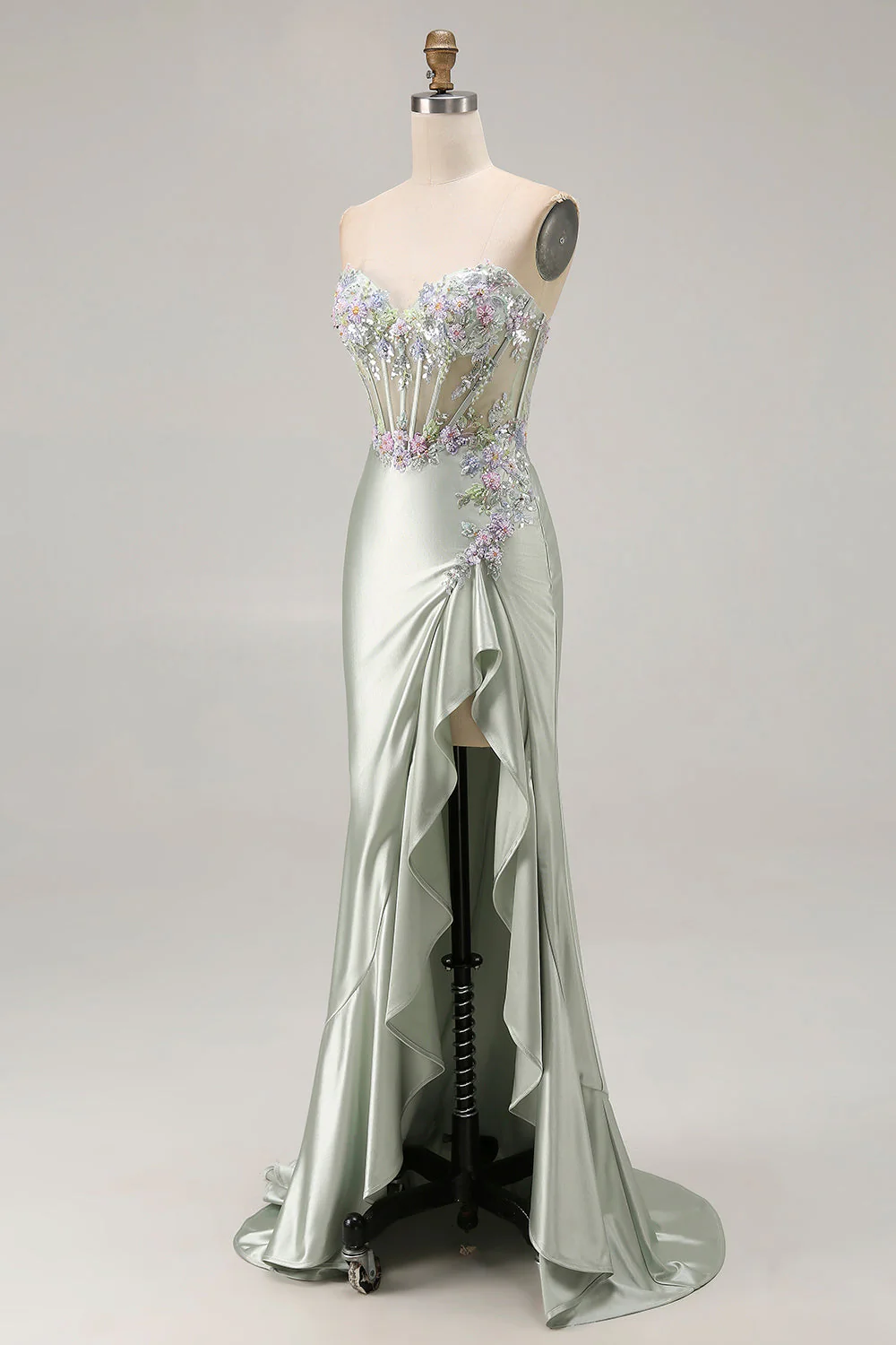 Robe de soirée sirène longue vert sauge corset à cœur appliquée à sequins avec fente à volants - Image 5