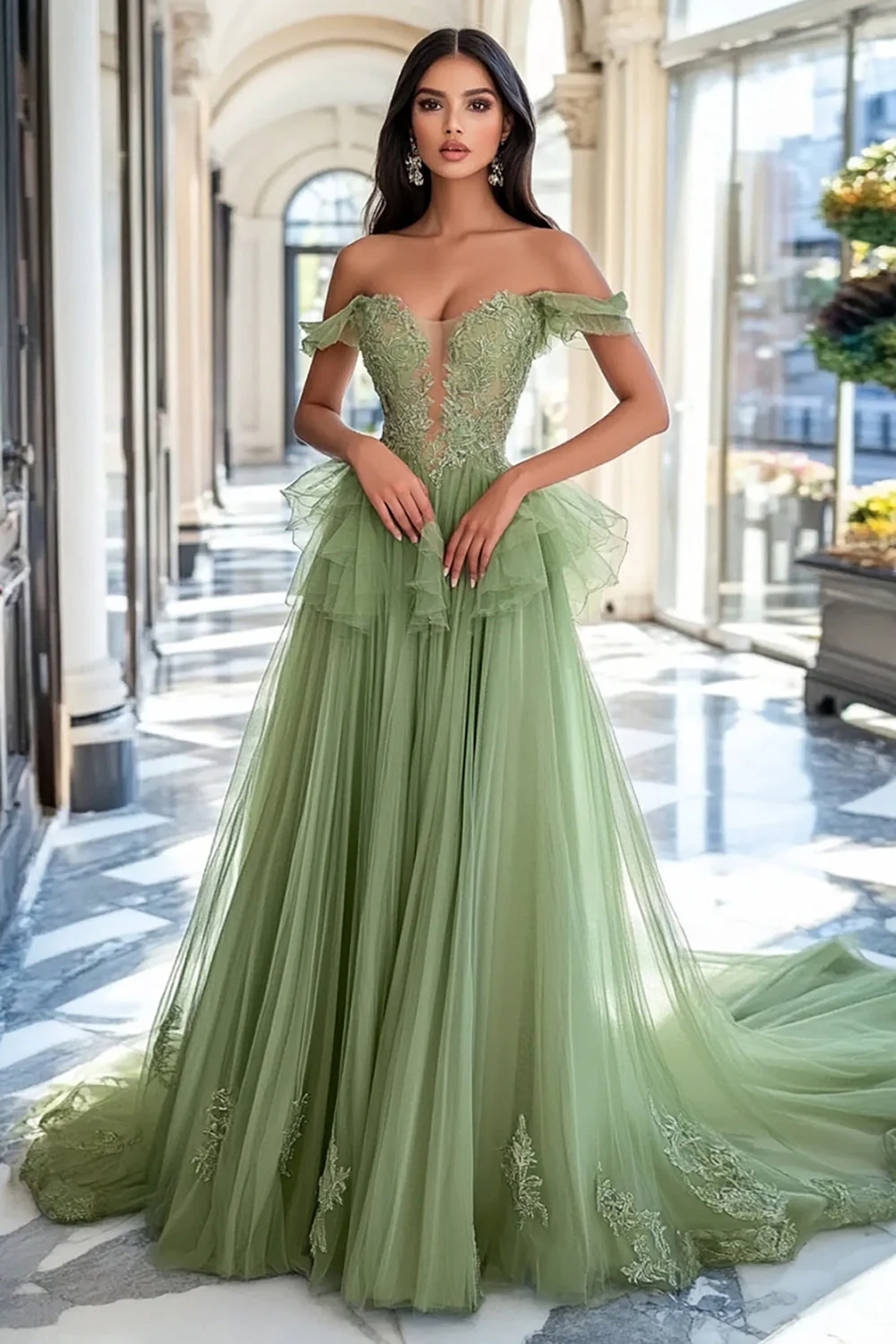 Robe de bal longue vert sauge poussiéreux tulle trapèze épaules dénudées avec appliques de dentelle