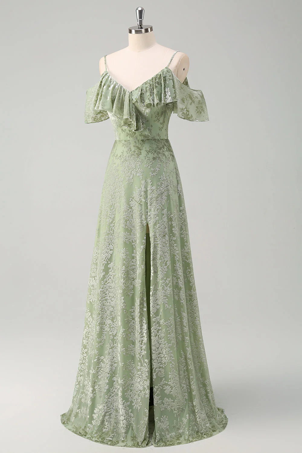 Robe de demoiselle d'honneur longue en velours imprimé vert sauge ligne A avec fente - Image 3
