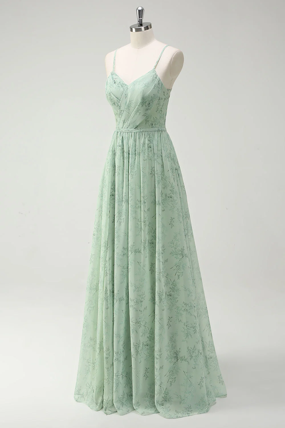 Robe de demoiselle d'honneur longue vert sauge poussiéreux à bretelles fines coupe A avec fente - Image 3