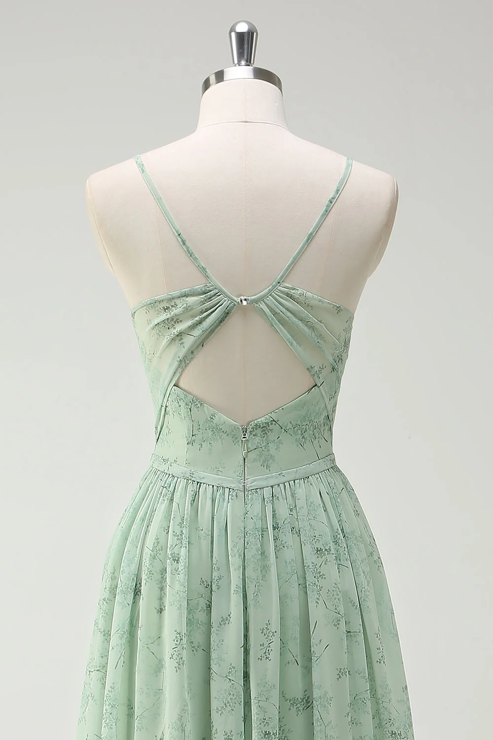 Robe de demoiselle d'honneur longue vert sauge poussiéreux à bretelles fines coupe A avec fente - Image 5