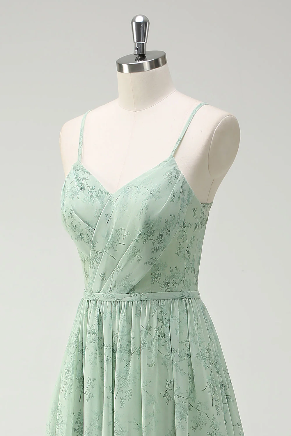 Robe de demoiselle d'honneur longue vert sauge poussiéreux à bretelles fines coupe A avec fente - Image 6