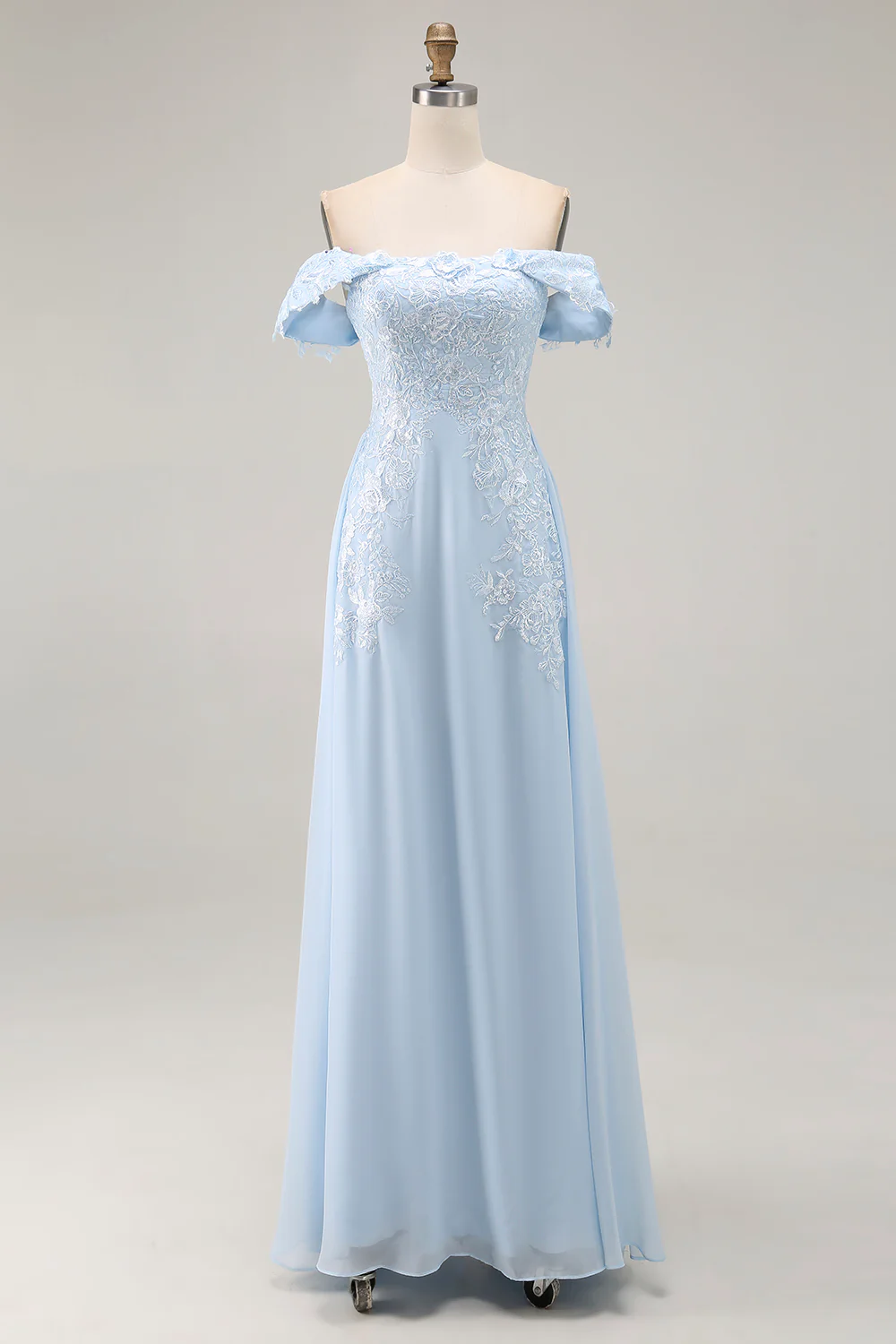 Elégant bleu ciel dénudé gaine en mousseline de soie longue mère de la mariée avec appliques de dentelle - Image 3