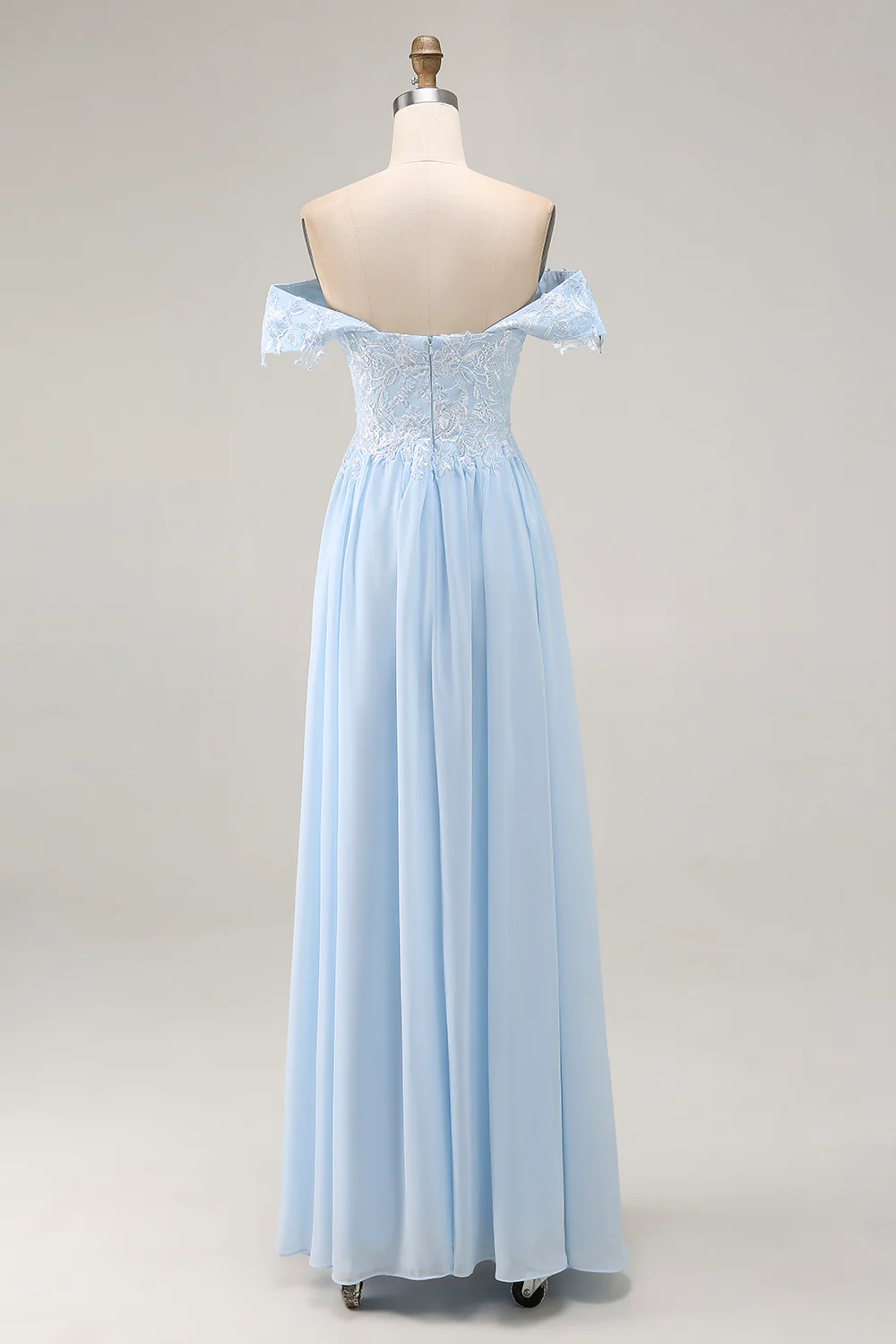 Elégant bleu ciel dénudé gaine en mousseline de soie longue mère de la mariée avec appliques de dentelle - Image 4