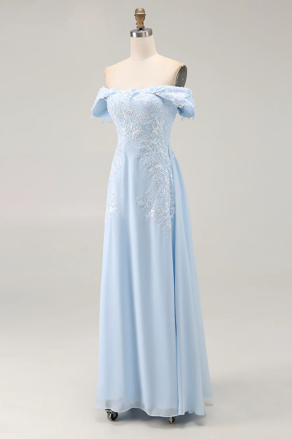 Elégant bleu ciel dénudé gaine en mousseline de soie longue mère de la mariée avec appliques de dentelle - Image 5