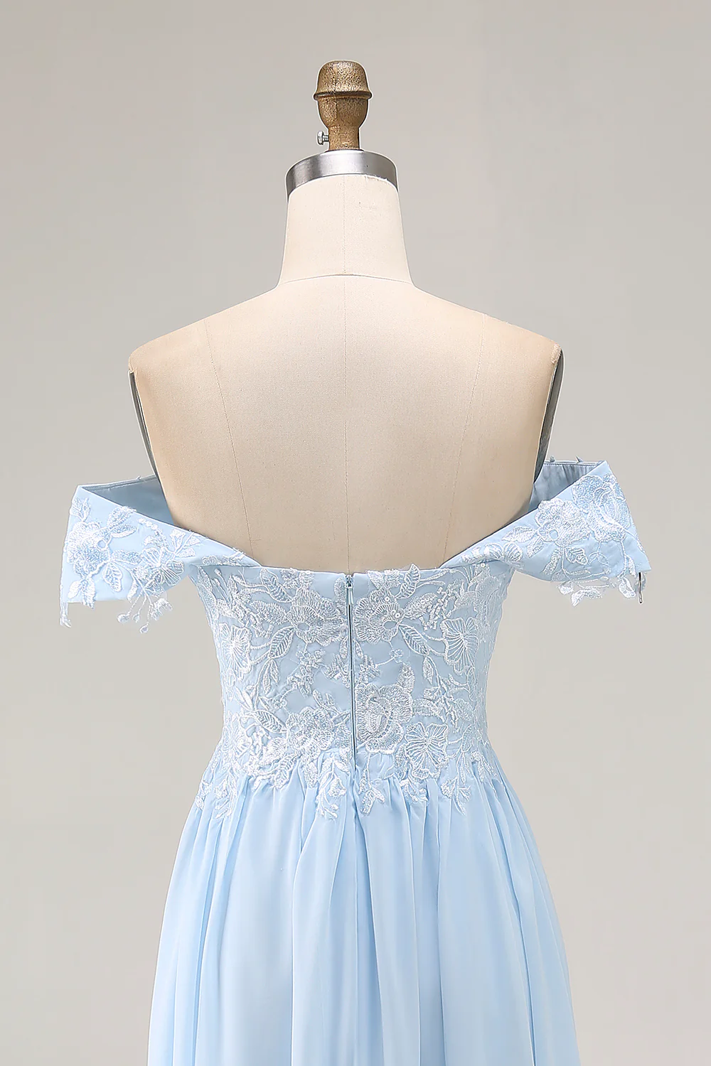 Elégant bleu ciel dénudé gaine en mousseline de soie longue mère de la mariée avec appliques de dentelle - Image 7