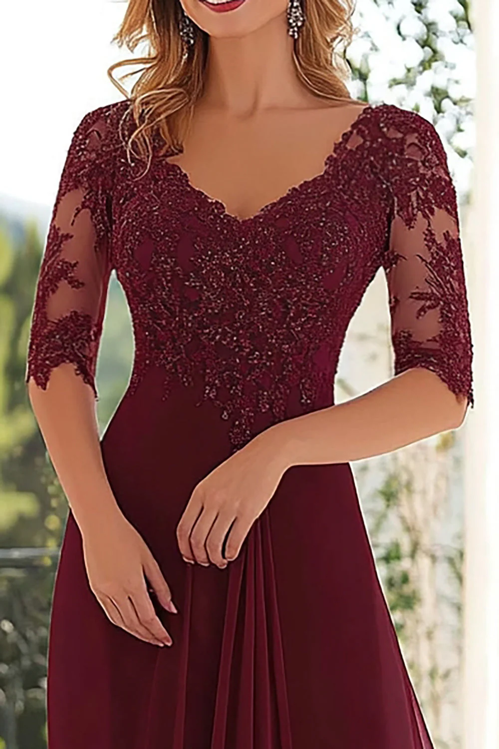 Elégant Bourgogne Une ligne V col mousseline de soie Longue Mère De la Mariée Robe Avec Appliques De Dentelle - Image 2