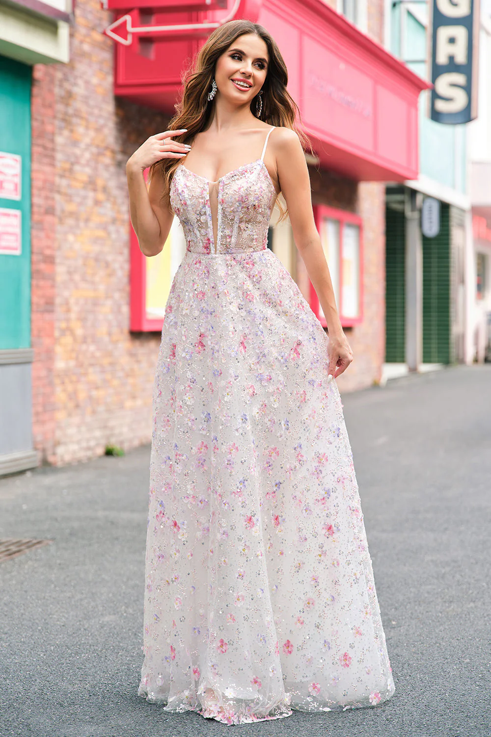 Élégant rose à bretelles spaghetti ligne Robe de bal perlée florale avec lacets dans le dos - Image 5