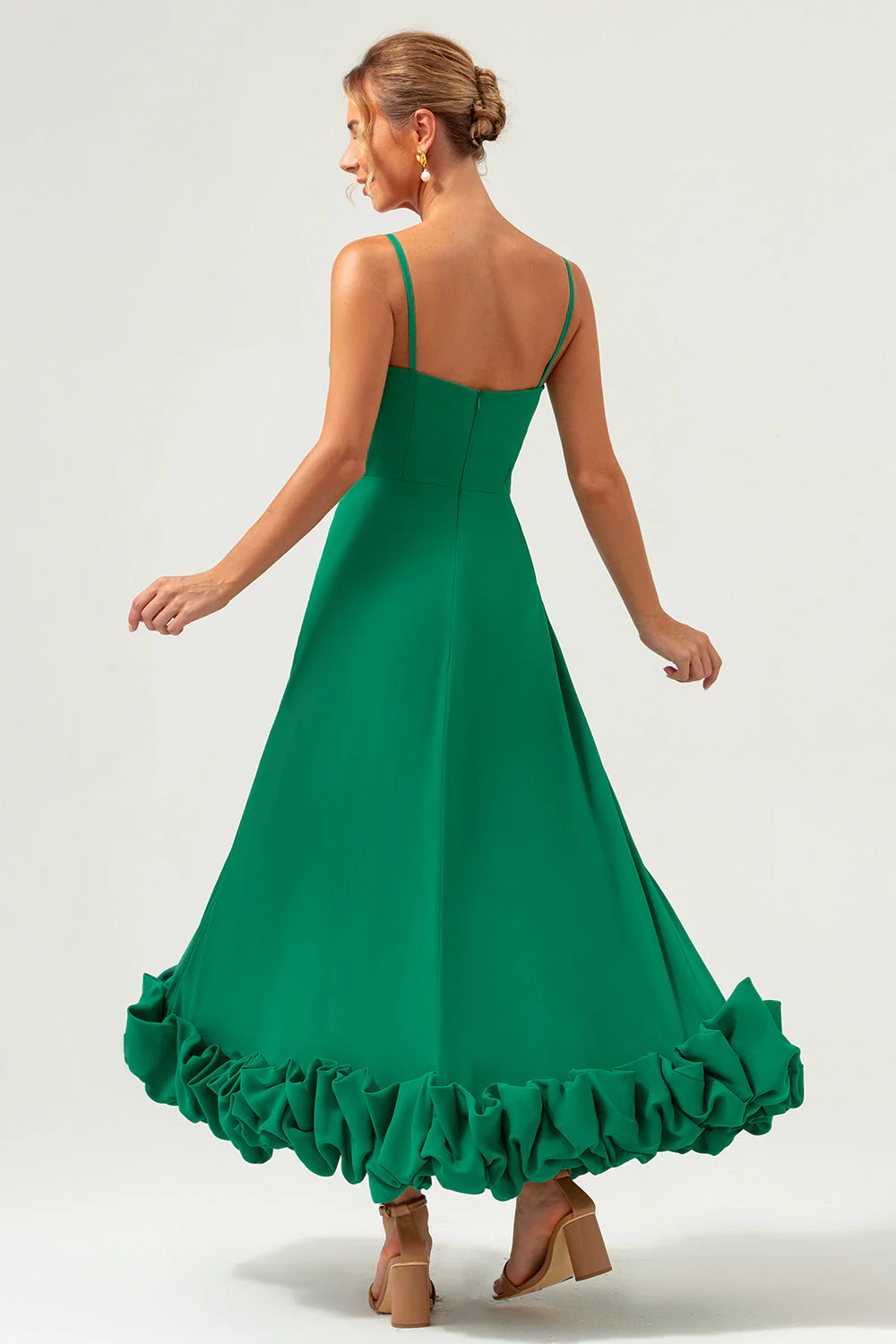 Élégant vert A Ligne Spaghetti Bretelles Mousseline Longue Robe De Demoiselle D’honneur - Image 2
