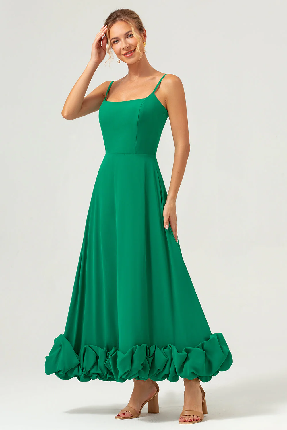 Élégant vert A Ligne Spaghetti Bretelles Mousseline Longue Robe De Demoiselle D’honneur - Image 3