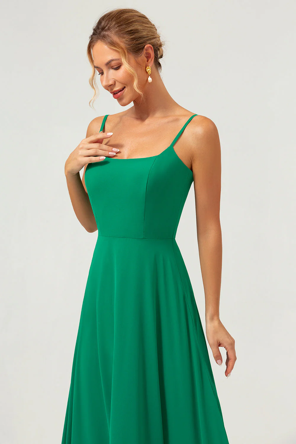 Élégant vert A Ligne Spaghetti Bretelles Mousseline Longue Robe De Demoiselle D’honneur - Image 6