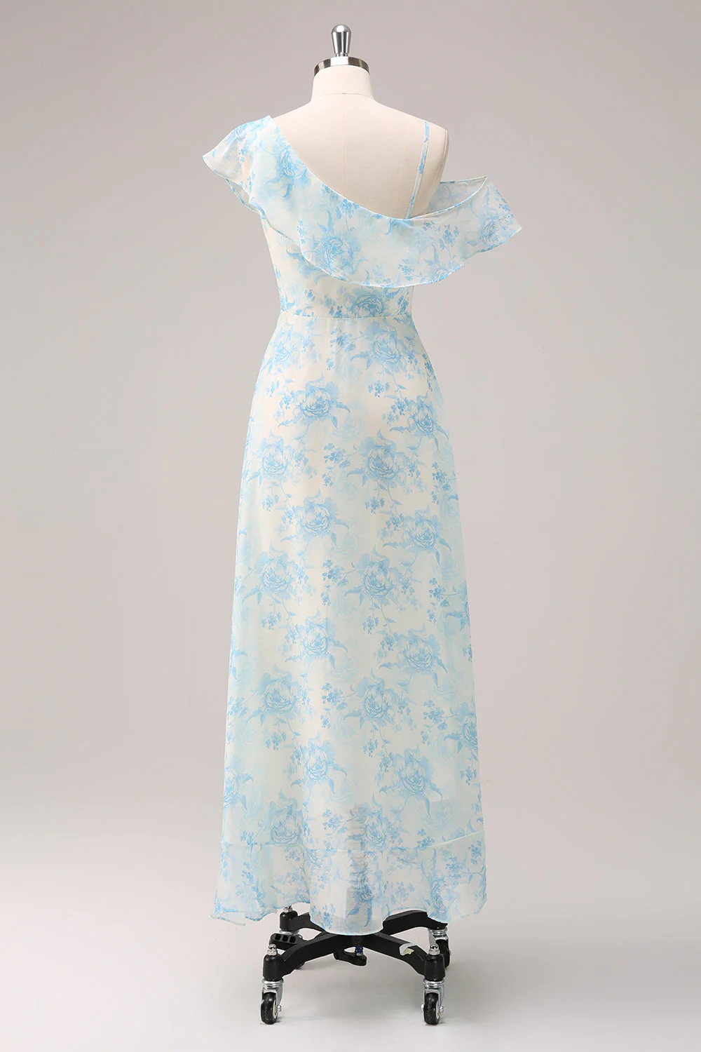 Élégante A-ligne Blanc Bleu Fleur Mousseline de Soie Robe de demoiselle d’honneur avec fente - Image 2
