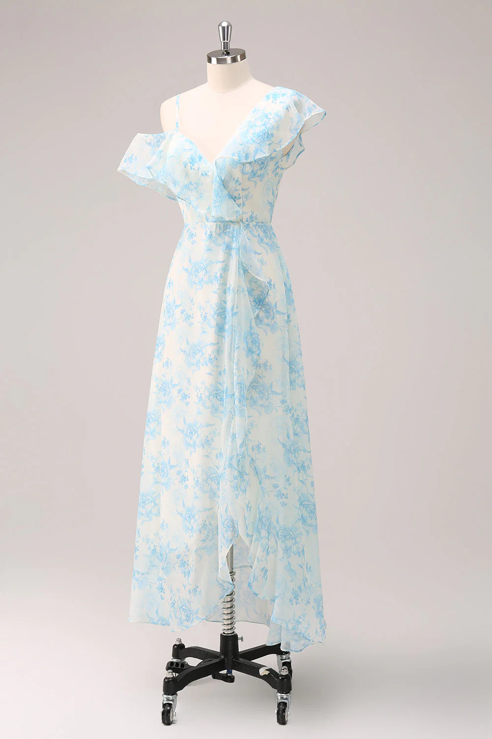 Élégante A-ligne Blanc Bleu Fleur Mousseline de Soie Robe de demoiselle d’honneur avec fente - Image 3