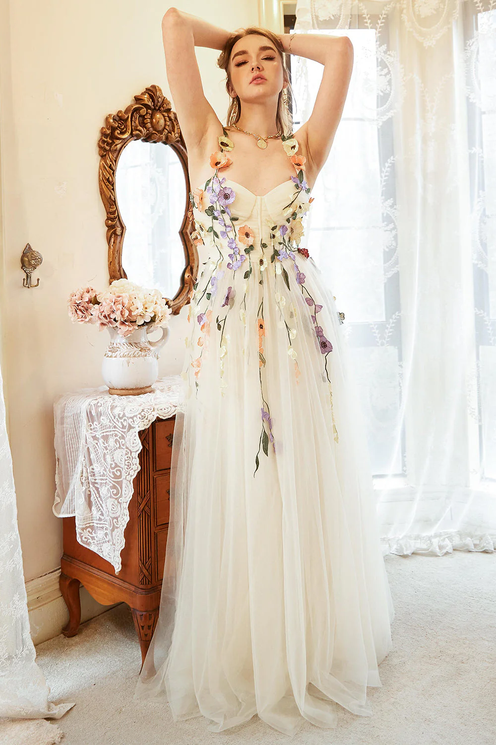 Bracelets Spaghetti Champagne Robe de bal avec fleurs 3D - Image 3