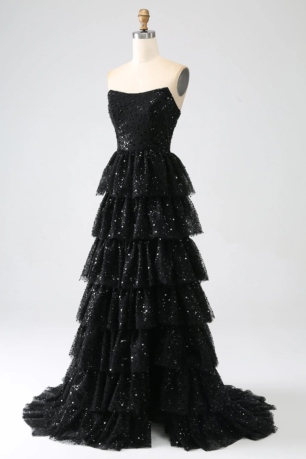 Robe de soirée longue noire sans bretelles pailletée à volants - Image 10