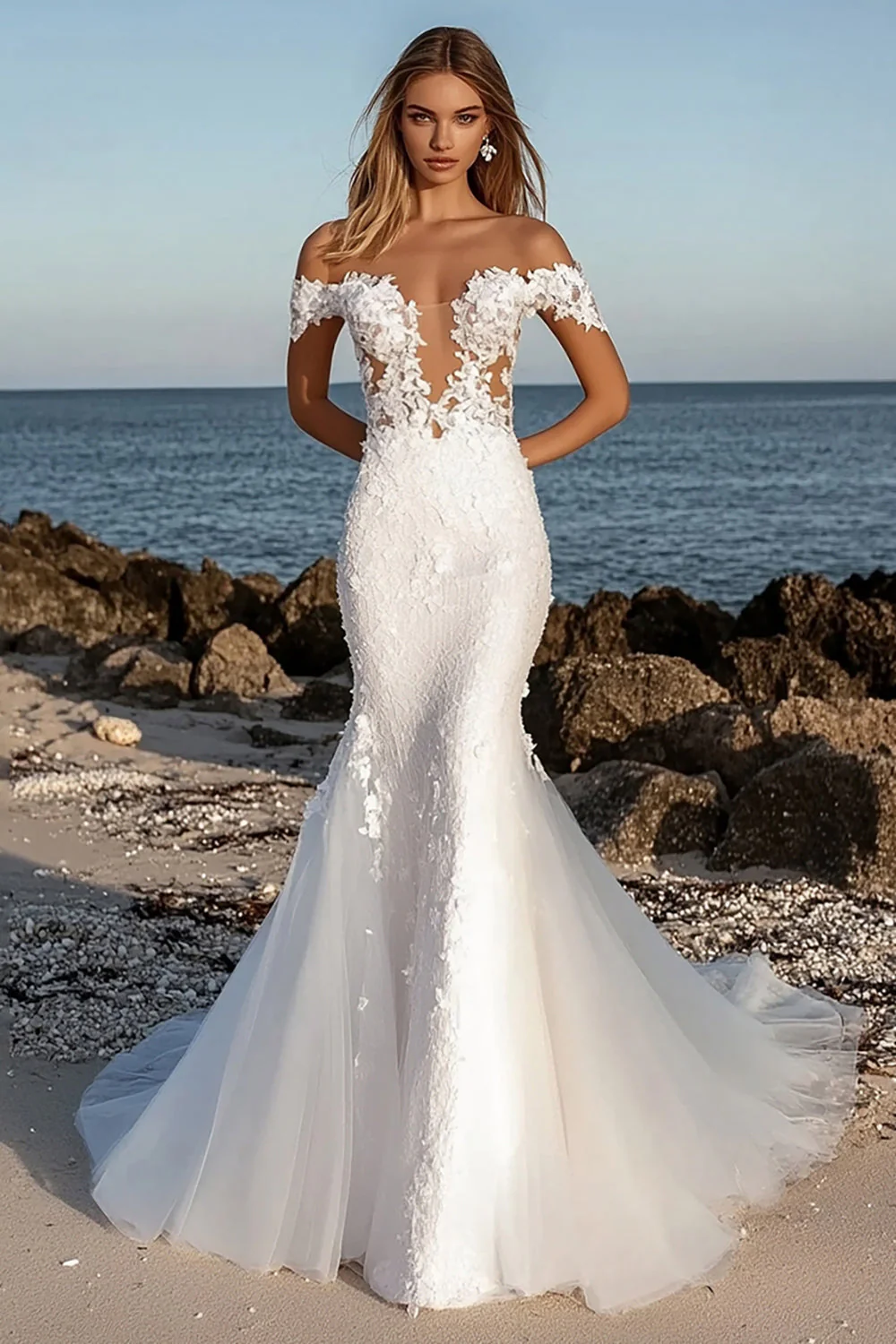 Élégante robe de mariée longue en tulle sirène ivoire à épaules dénudées avec applique de dentelle